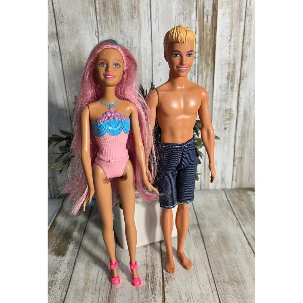 Mattel Barbie and Ken Doll Set Pink Hair Mermaid Bodice & Denim Trunks HJT10